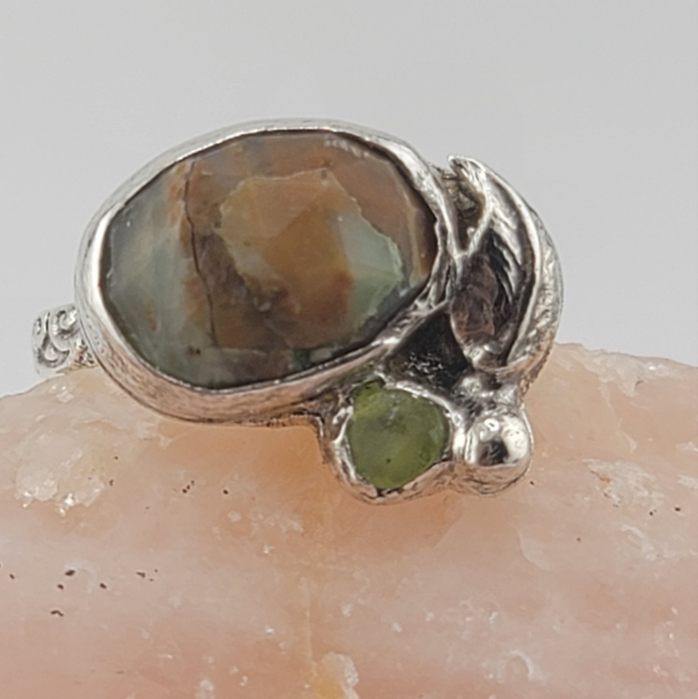PERUVIAN OPAL & CRYSTAL LEAF RING HANDMADE IN STERLING SILVER METAL 5 - Picture 6 of 7